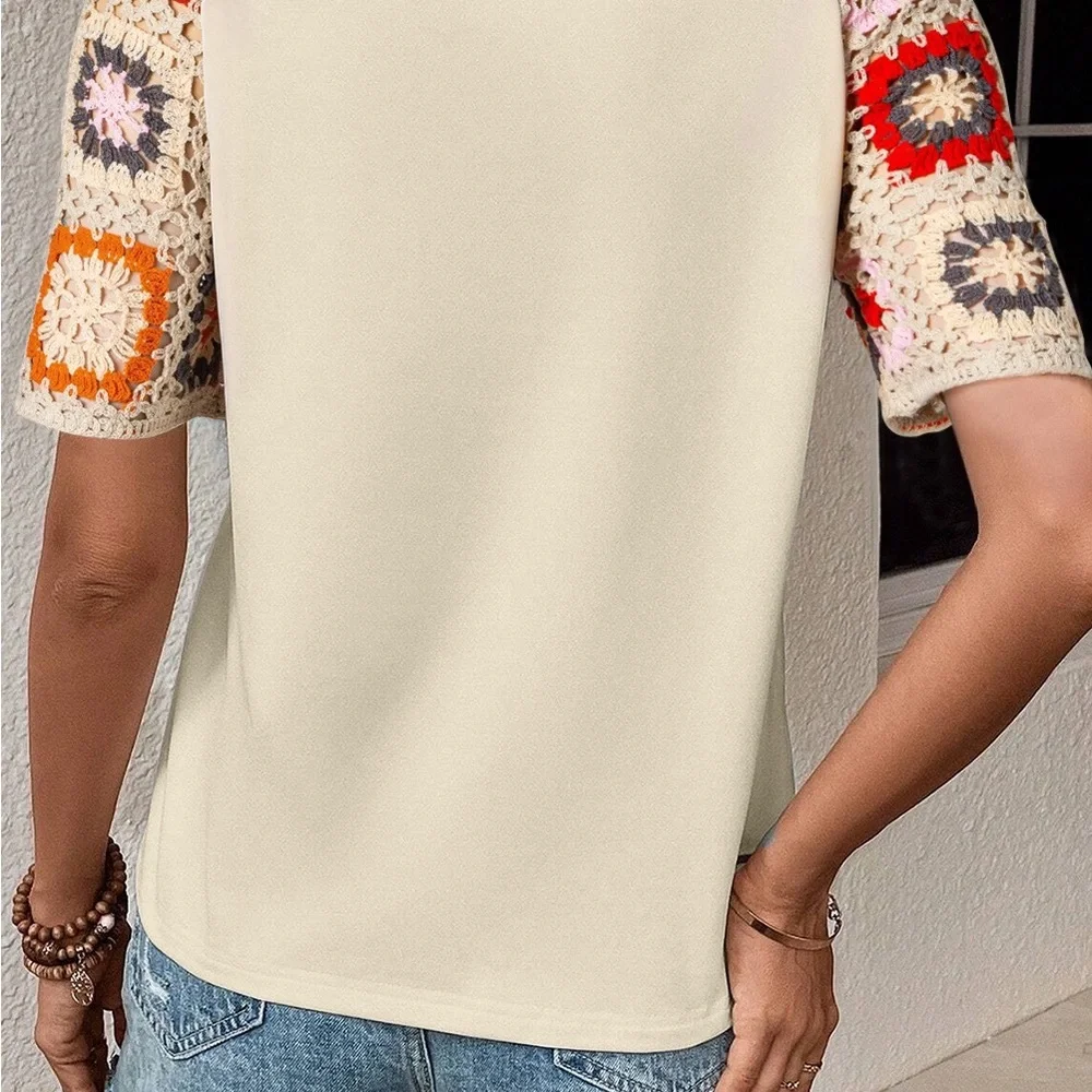 Parchment Floral Crochet Short Sleeve Top Bohemian Blouse